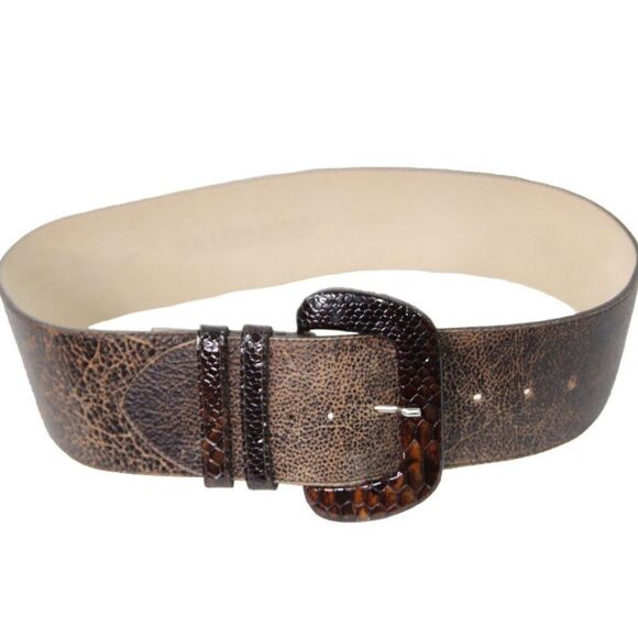 LEATHEROCK Black/Brown Crackle Leather Wide Belt, Snakeskin Belt Buckle, Size 32